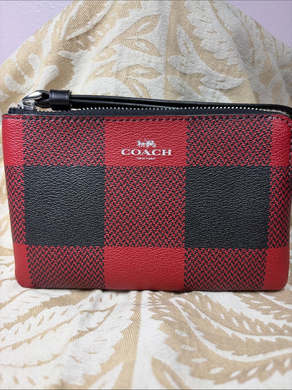 Coach Red and Black Buffalo Check small Zip Wristlet